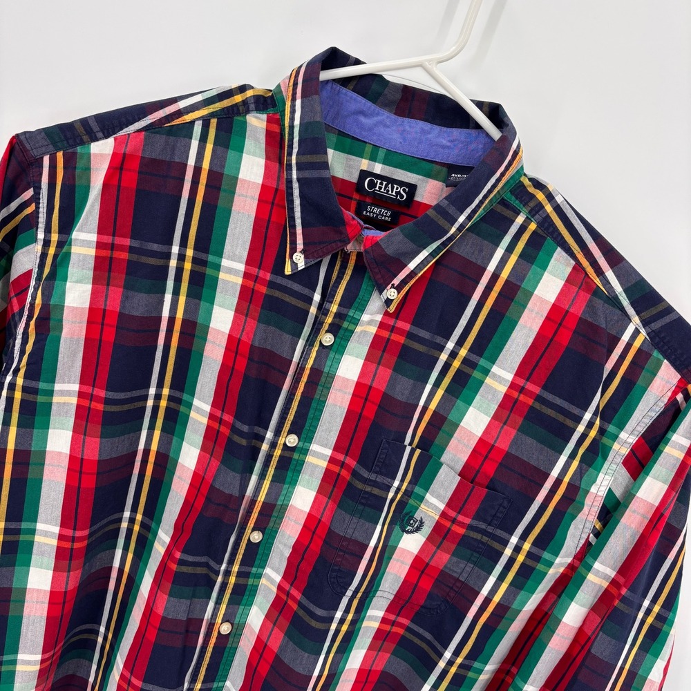 Chaps Plaid Button Down Mens 4XB Red Green Navy Stretch Easy Care Excellent